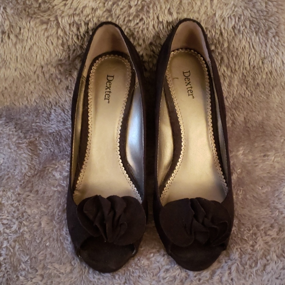 Dexter Black Suede Peep Toe Wedges